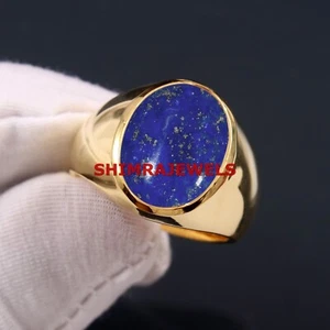 Natural Lapislázuli Gema con Oro Chapado 925 Plata de Ley Hombre Anillo #1041 - Imagen 1 de 4
