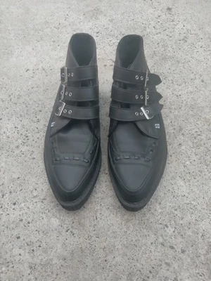 TUK Bota Creeper 3 Hebillas Negro Punta Plataforma Cuero Unisex Talla 11 Hombres Foto 1 de 4