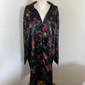 Vtg. Winlar Satin Night-Shirt Nightgown Black / Red Floral Long Sleeve Sz. Lg. - Picture 1 of 20