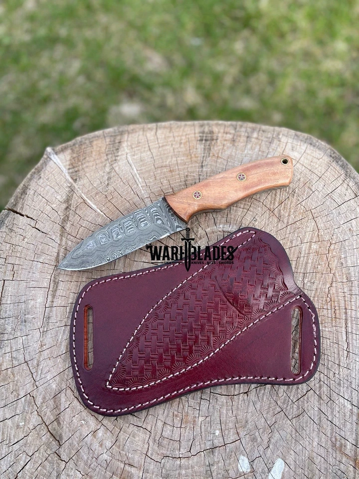 WWPRODUCTIONCO Damascus Steel Fix blade Knife Made In USA Outdoor Camp Knife with Leather