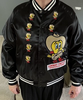 Vintage Conway Twitty Loretta Lynn Bomber Snap Satin Nylon Jacket Sz Large 1980s - Image 1 of 4