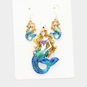 Mermaid Pendant Necklace Earrings SET Beach Beauty Sea Life Jewelry MULTI