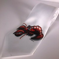 Mens Necktie White Silk Tie LOBSTER Illustration Seafood 