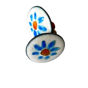 VINTAGE WHITE ENAMEL ROUND HAND PAINTED EARRINGS - Picture 1 of 2
