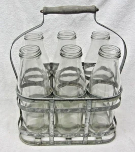 Vintage MILCHFLASCHE Metallträger Soda Rack 6 Fächer mit Flaschen Holzgriff - Bild 1 von 5