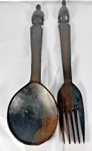 Vintage Salad Servers Handmade Wooden African Tortoise Animal Detail Design - Picture 1 of 21