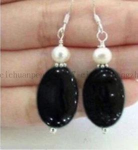 Natural 13x18mm Black Agate & White Freshwater Pearl Dangle Silver Hook Earrings - Picture 1 of 3