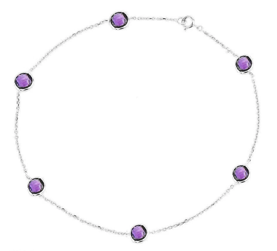 Pulsera tobillera de oro blanco de 14K con piedras preciosas de amatista 11 pulgadas  Foto 1 de 2
