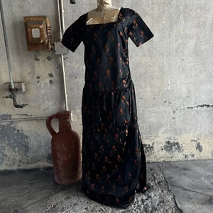 Antique 1920s Orange Tulip Silk Brocade Dress 1890s Fabric Full Length Vintage - Picture 1 of 24
