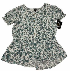 Girls Short Sleeve Blouse Top XL (14/16) Teal Floral Print Elastic Waist - Picture 1 of 10