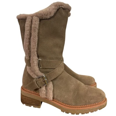 Botas femininas Sam Edelman camurça meia panturrilha zíper lateral inverno forrado de pele marrom tamanho 8 - Imagem 1 de 4