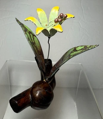 Norman Brumm Handmade Painted Enamel Copper Flower Wood Sculpture - MCM - Image 1 of 4
