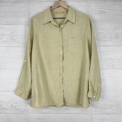 Kate Hill 100% 亚麻衬衫女式 XL 纽扣开心果绿色长袖上衣 — 第 1/4 张图片