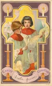 Ostern viktorianische Postkarte geprägtes Kreuz Altar Jungen singen ungeteilt Rotograph  - Bild 1 von 2