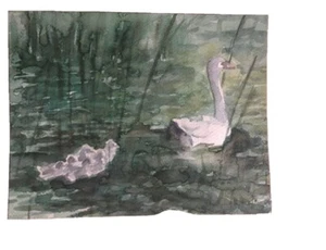 Gemälde Aquarell Bild , Schwäne , 22x17 cm - Bild 1 von 3