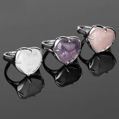 Natural Stone Quartz Crystal Women Love Heart-shape Adjustable Open Ring - Image 1 of 4