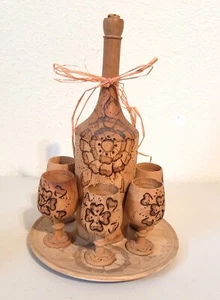 Vintage 8 Piece Burnt Wooden Pyrography Folk Art Decanter Set with Goblets Tray - Picture 1 of 4