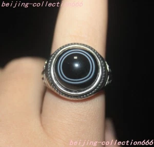 1.2" Old Tibetan Tibet silver Agate Onyx pair dzi Feng Shui Exorcism amulet Ring - Picture 1 of 6