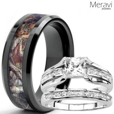 Juego de anillos de boda His & Her negro titanio roble camuflados plata esterlina circonita cúbica Foto 1 de 4