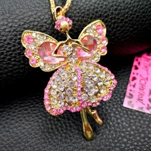 Betsey Johnson White Pink Crystal Angel Ballerina Pendant Necklace Free Gift Bag - Picture 1 of 4