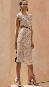 Max Mara Rino Letter Print Pleated Sleeveless Midi Dress Beige Size 4 - Picture 1 of 11