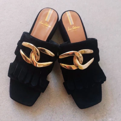 Sandalias Sam Edelman Masha Slide negras gamuza flecos hebilla dorada talla US 7 EU 37 Foto 1 de 4