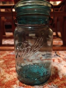 Vintage Blue Ball Sure Seal Quart Einmachglas Drahtbügel Glasplatte - Bild 1 von 11