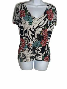 Alberto Makali Floral Art To Wear Tattoo Beaded Sequin Mesh Cap Sleeves Top Lg - Picture 1 of 12