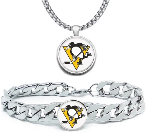 LARGE Pittsburgh Penguins Mens 2 Pc Gift Set Hockey 24" Necklace With Bracelet Cover
