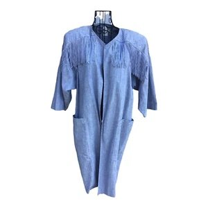 Vtg Denim Duster Lightweight By Or-Lee Fringe Cowgirl Rodeo USA Size Medium - Picture 1 of 10