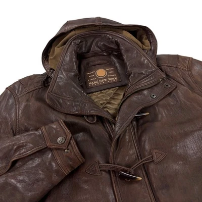 Marc NY Andrew Marc Leather Hooded Duffle Coat Mens Size XL Lambskin Brown - Image 1 of 4