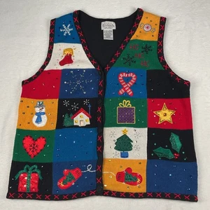 VTG Basic Editions Sweater Vest Women XL Patchwork Christmas Holiday Novelty 90s - Picture 1 of 4