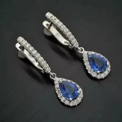 3Ct Lab Created Sapphire & Diamond Drop/Dangle Earrings 14K White Gold Finish - Image 1 of 4