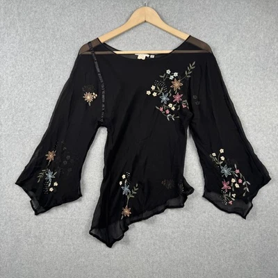 Floral Embroidered Top Womens Small Black Sheer Asymmetrical Silk Y2K Whimsigoth - Image 1 of 4