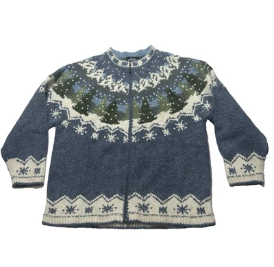 Icelandic Design Sweater Womens Fair Isle Trees Zip Wool Angora Jacket Sz Medium - Image 1 of 4
