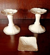 Lot of 3 Lennox Porcelain Pieces: 2 candlestick holders & a jewelry/trinket tray
