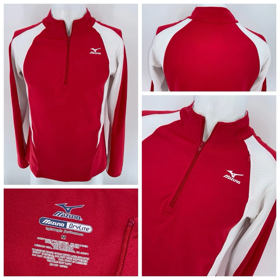 Mizuno DryLite Running Pullover 1/4 Zip M Women Red White Polyester YGI V4-193 - Image 1 of 4