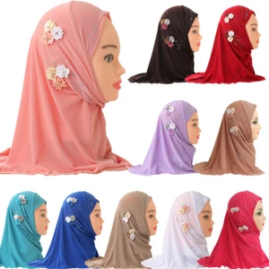 Girls Kids Muslim Rhinestone Hijab Hats Islamic Scarf Caps Shawls Amira Head 2-6 - Picture 1 of 27