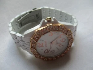 Sinobi Wristwatch White Stainless Steel Link Band Rose Gold Tone Hearts Sparkly - Picture 1 of 12