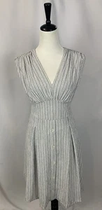 DKNY Black Gray White Striped Button Front Fit & Flare Tie Dress Size 6 - Picture 1 of 13