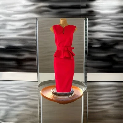 Karen Millen Red Belted Peplum Dress Cocktail UK 16 (US 12) EUR 44 - Image 1 of 4