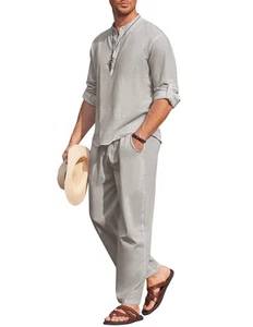 Men's 2 PC Cotton Linen Set Long Sleeve Henley Shirts & Beach Pants Grey 3XL - Picture 1 of 7