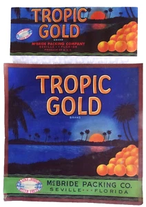 cRATE CAN VINTAGE LABEL TROPIC GOLD SEVILLE FLORIDA PRODUCE USA MCBRIDE neocurio - Picture 1 of 4
