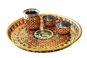 Stainless Steel Designer Pooja Thali Set (MeenaKari Work ) - Picture 1 of 3