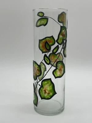 Unique Clear Cylinder Green Yellow Swirl Painted Embossed Vine Theme Vase 10.5” - Image 1 of 4