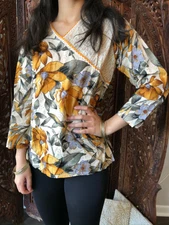 Boho Hippy Gypsy Yellow Gray Floral Print Handmade Cotton Summer Blouse Tops M