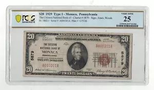 U.S. (Monaca, PA) - 1929 $20.00 National Currency Banknote (PCGS Very Fine 25) - Picture 1 of 2