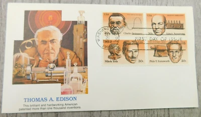 Thomas A Edison 1983 WA DC Tesla 1st Day Of Issue 4 Stamps Posted Envelope Cover - Image 1 of 4