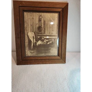 Vintage Framed Print by R. Newrickson – Rustic Farmhouse Bath Scene 16x18 - Picture 1 of 4