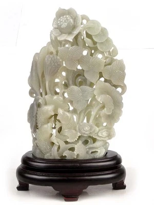 Estatua de nefrita hetiana natural jade koi pez y flor de loto escultura con certificado Foto 1 de 4